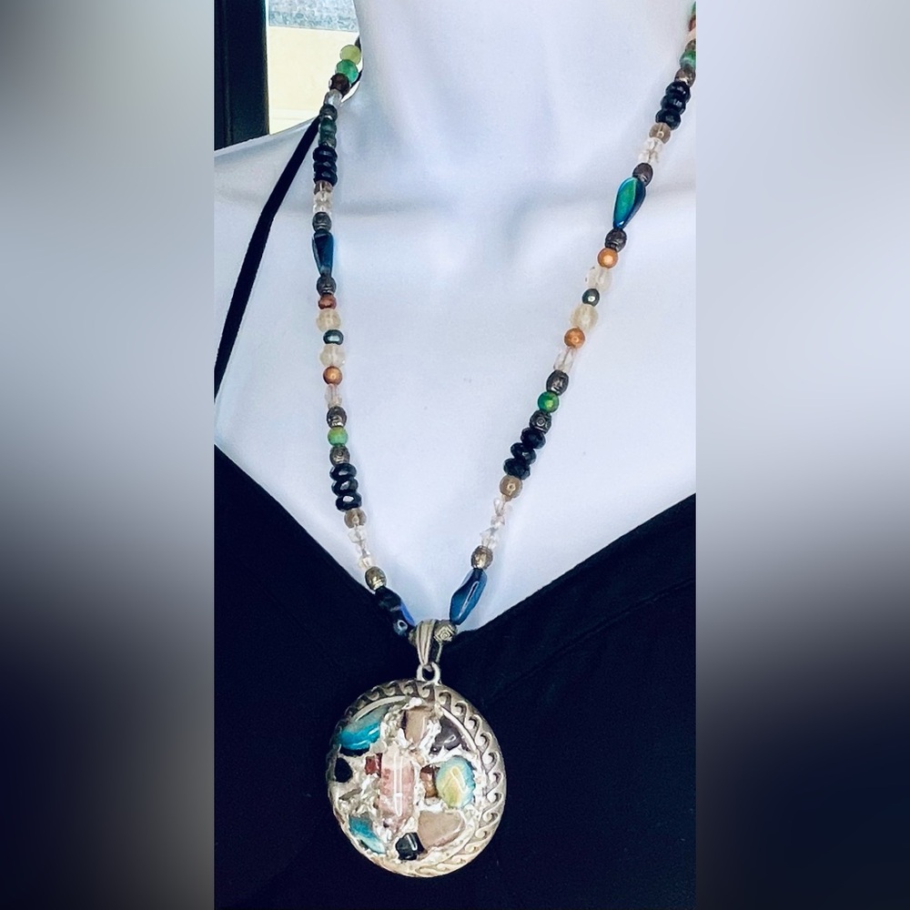 Multicolor Beaded Necklace with Handmade Silver Pendant